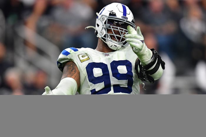 Nov 13, 2022; Paradise, Nevada, USA; Indianapolis Colts defensive tackle DeForest Buckner (99) reacts after sacking Las Vegas Raiders quarterback Derek Carr (4) during the second half at Allegiant Stadium.